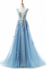 Blue Round Neck Tulle Lace Long Prom Dress Blue Evening Dress