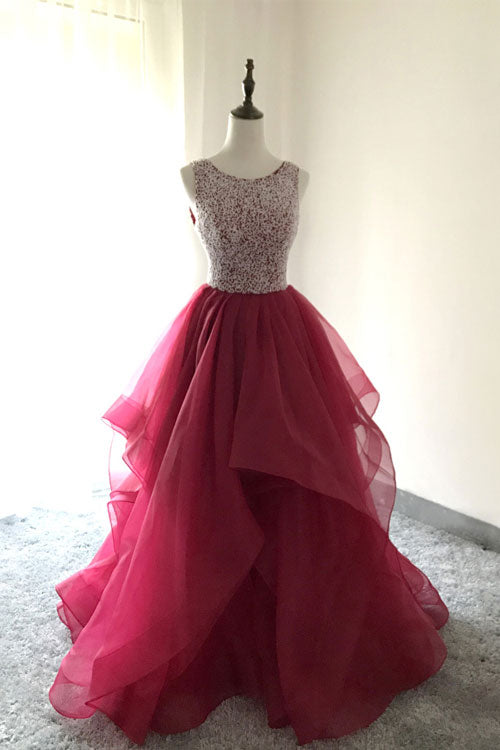 Burgundy Round Neck Tulle Beaded Long Prom Dress Burgundy Evening Dress