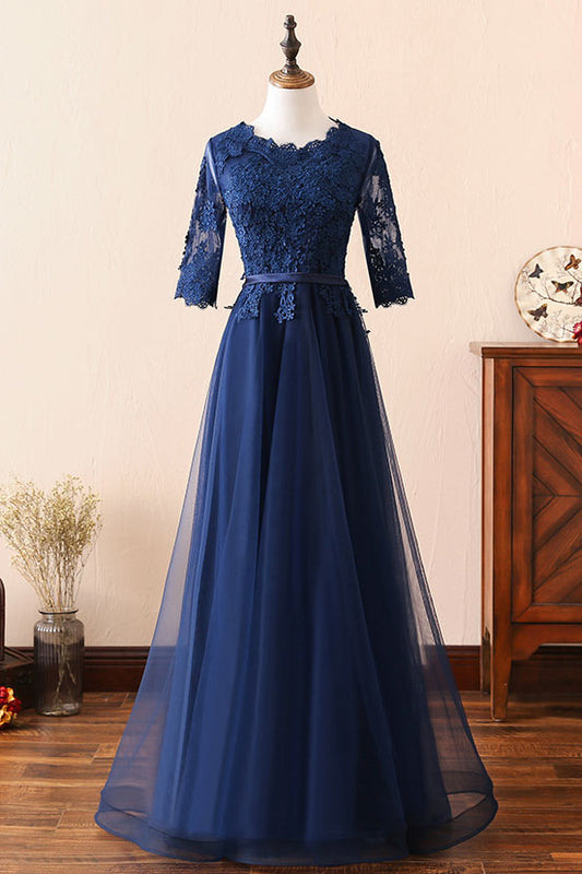 Dark Blue Round Neck Lace Tulle Long Prom Dress Blue Bridesmaid Dress