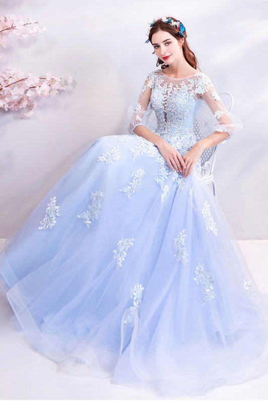 Blue Round Neck Tulle Lace Long Prom Dress Blue Evening Dress