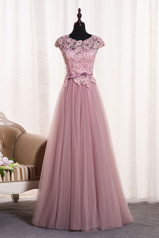 Pink Round Neck Tulle Lace Appliqu¨¦ Long Prom Dress Tulle Evening Dress