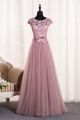 Pink Round Neck Tulle Lace Appliqu¨¦ Long Prom Dress Tulle Evening Dress