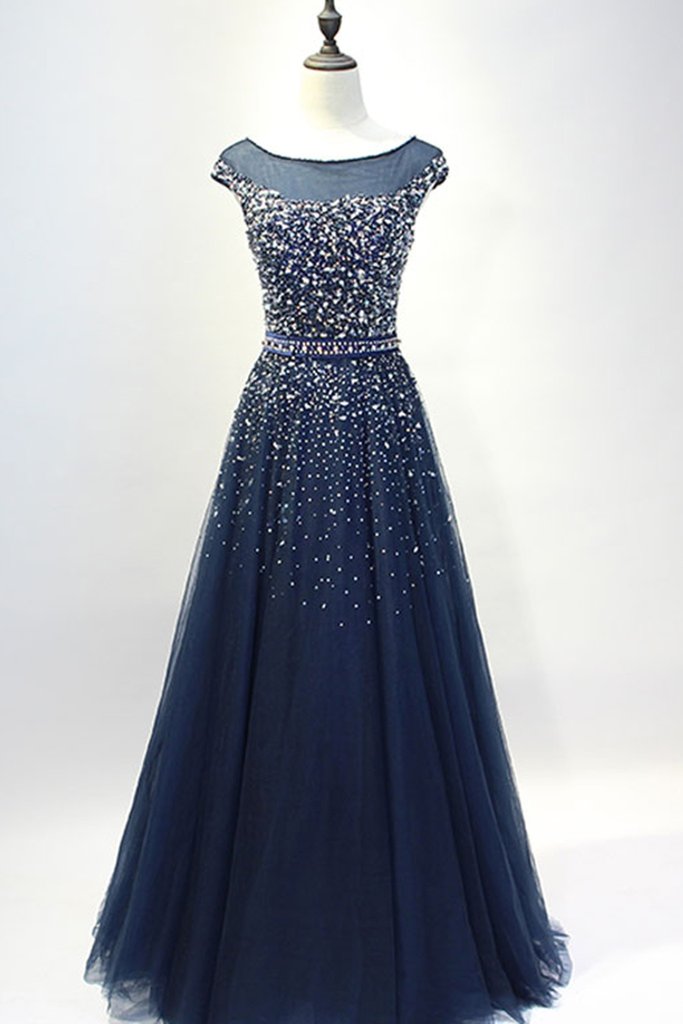 Dark Blue Round Neck Sequin Tulle Long Prom Dress Tulle Evening Dress