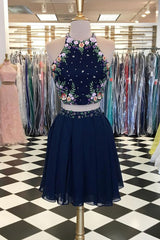 Unique Dark Blue Two-Piece Short Prom Dress Cute Homecoming Dress