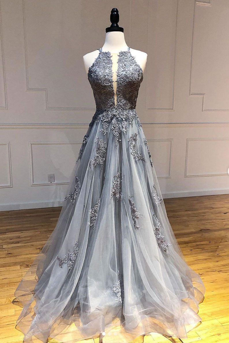 Gray Tulle Lace Long Prom Dress Gray Tulle Evening Gown