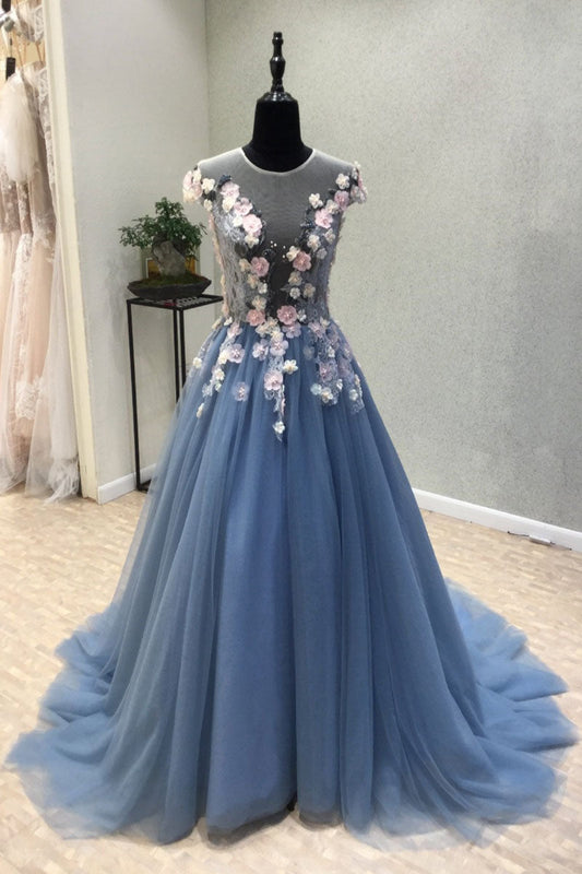 Blue Round Neck Tulle Lace Appliqu¨¦ Long Prom Dress Lace Evening Dress