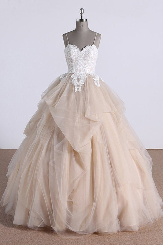 Champagne Sweetheart Tulle Lace Long Prom Dress Tulle Formal Dress