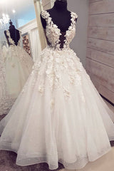 White V-Neck Tulle Lace Long Prom Dress Tulle Lace Wedding Dress