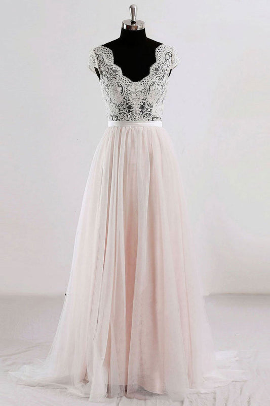 Champagne V-Neck Lace Tulle Long Prom Dress Champagne Tulle Evening Dress