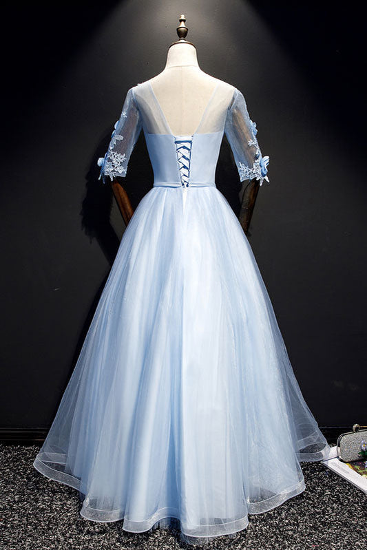 Blue Tulle Lace Long Prom Dress Blue Tulle Evening Dress