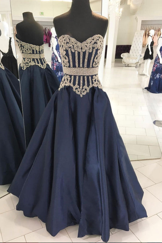 Dark Blue Sweetheart Neck Beaded Long Prom Dress Blue Evening Dress