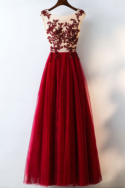 Burgundy Tulle Lace Appliqu¨¦ Long Prom Dress Evening Dress