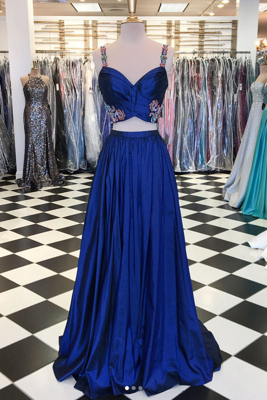 Blue Two-Piece Beaded Long Prom Dress Blue Evening Dress