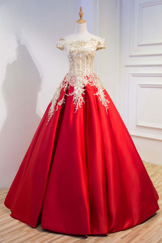 Red Lace Satin Long Prom Dress Lace Long Evening Gown