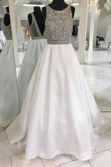 White Round Neck Satin Beaded Long Prom Dress White Evening Dress