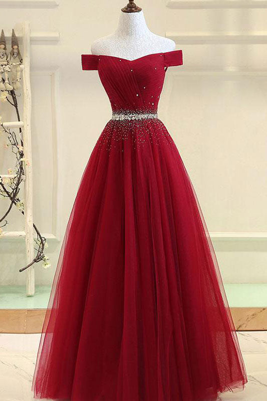 Burgundy Tulle Off-Shoulder Long Prom Dress Burgundy Evening Dress