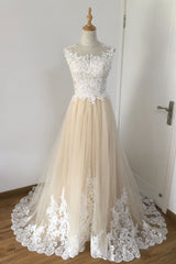 Champagne A-Line Tulle Lace Appliqu¨¦ Long Prom Dress Wedding Dress