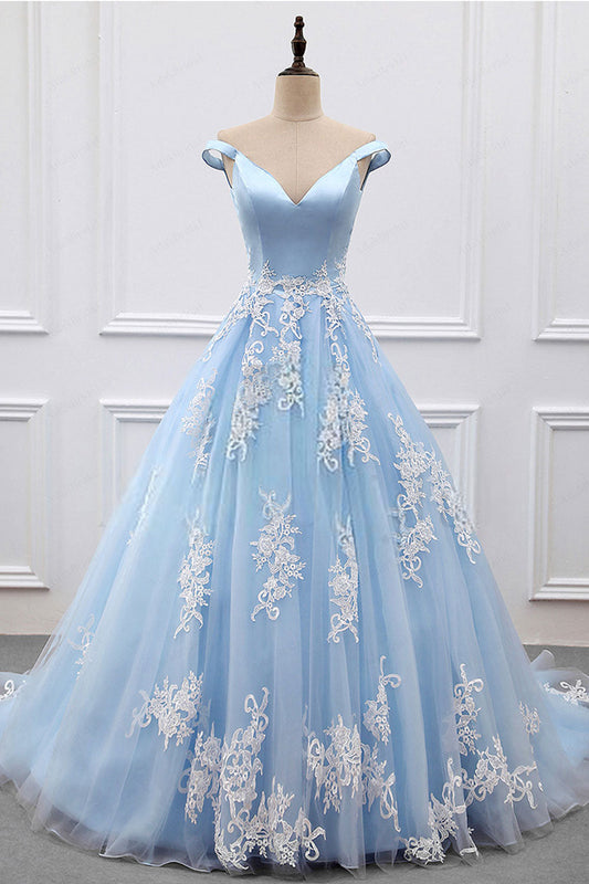 Blue V-Neck Lace Tulle Long Prom Dress Blue Evening Dress