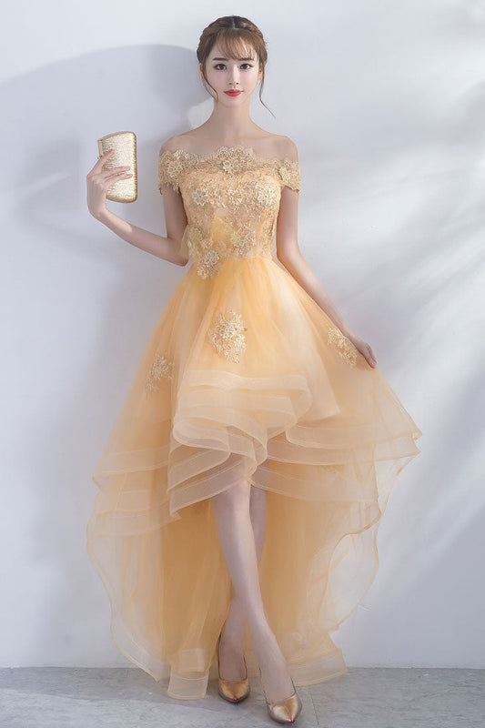 Cute Champagne Tulle High-Low Prom Dress Champagne Homecoming Dress