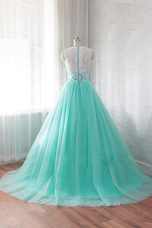 Green Round Neck Tulle Lace Long Prom Dress Wedding Dress