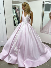 Pink V-Neck Satin Lace Long Prom Dress Pink Lace Evening Dress