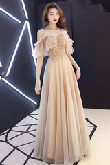 Champagne Sweetheart Tulle Lace Long Prom Dress Champagne Lace Formal Dress