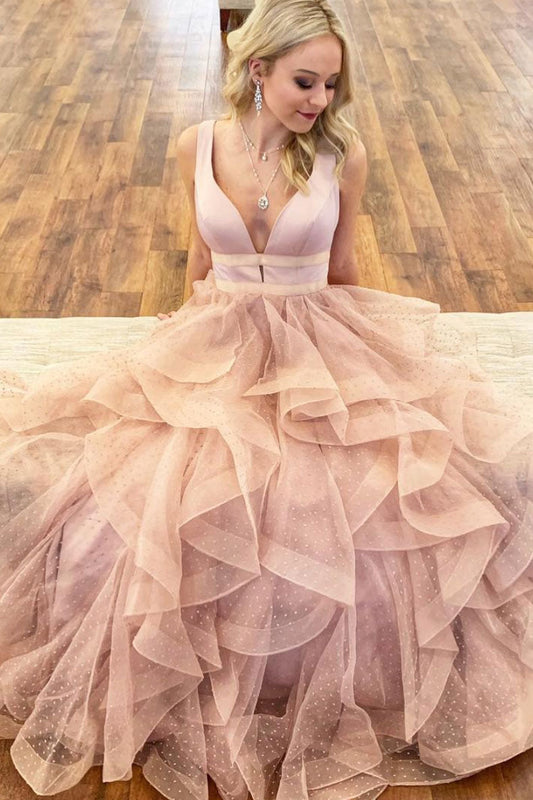 Champagne V-Neck Tulle Long Prom Dress Champagne Tulle Evening Dress