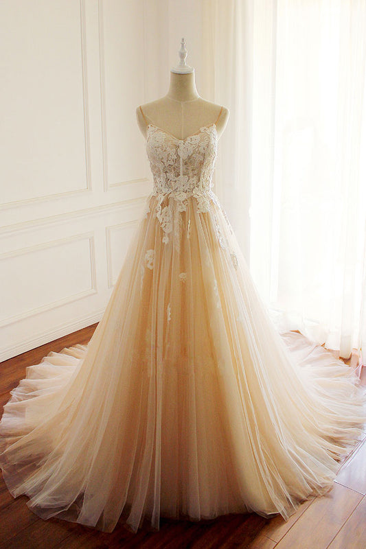 Champagne Tulle Lace Appliqu¨¦ Long Prom Dress Champagne Evening Dress