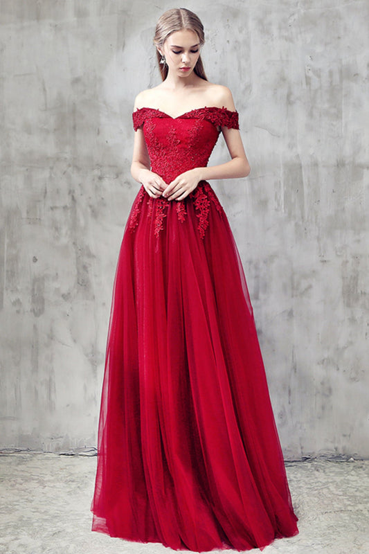 Burgundy Tulle Lace Off-Shoulder Prom Dress Burgundy Bridesmaid Dress