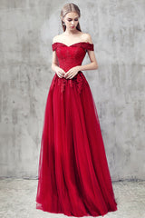 Burgundy Tulle Lace Off-Shoulder Prom Dress Burgundy Bridesmaid Dress