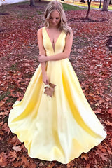 Simple V-Neck Yellow Long Prom Dress Yellow Evening Dress