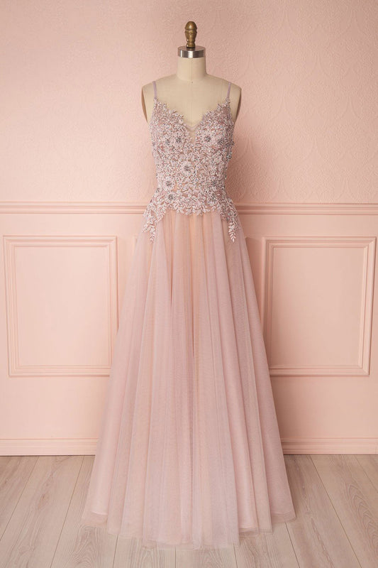 Pink V-Neck Tulle Lace Applique Long Prom Dress Pink Evening Dress