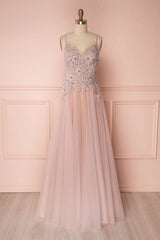 Pink V-Neck Tulle Lace Applique Long Prom Dress Pink Evening Dress