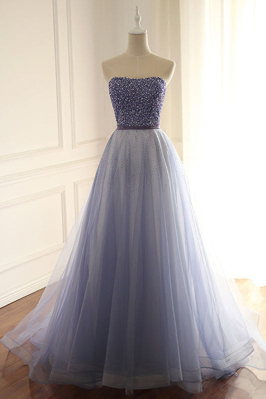 Blue Sweetheart Tulle Beaded Long Prom Dress Blue Evening Dress