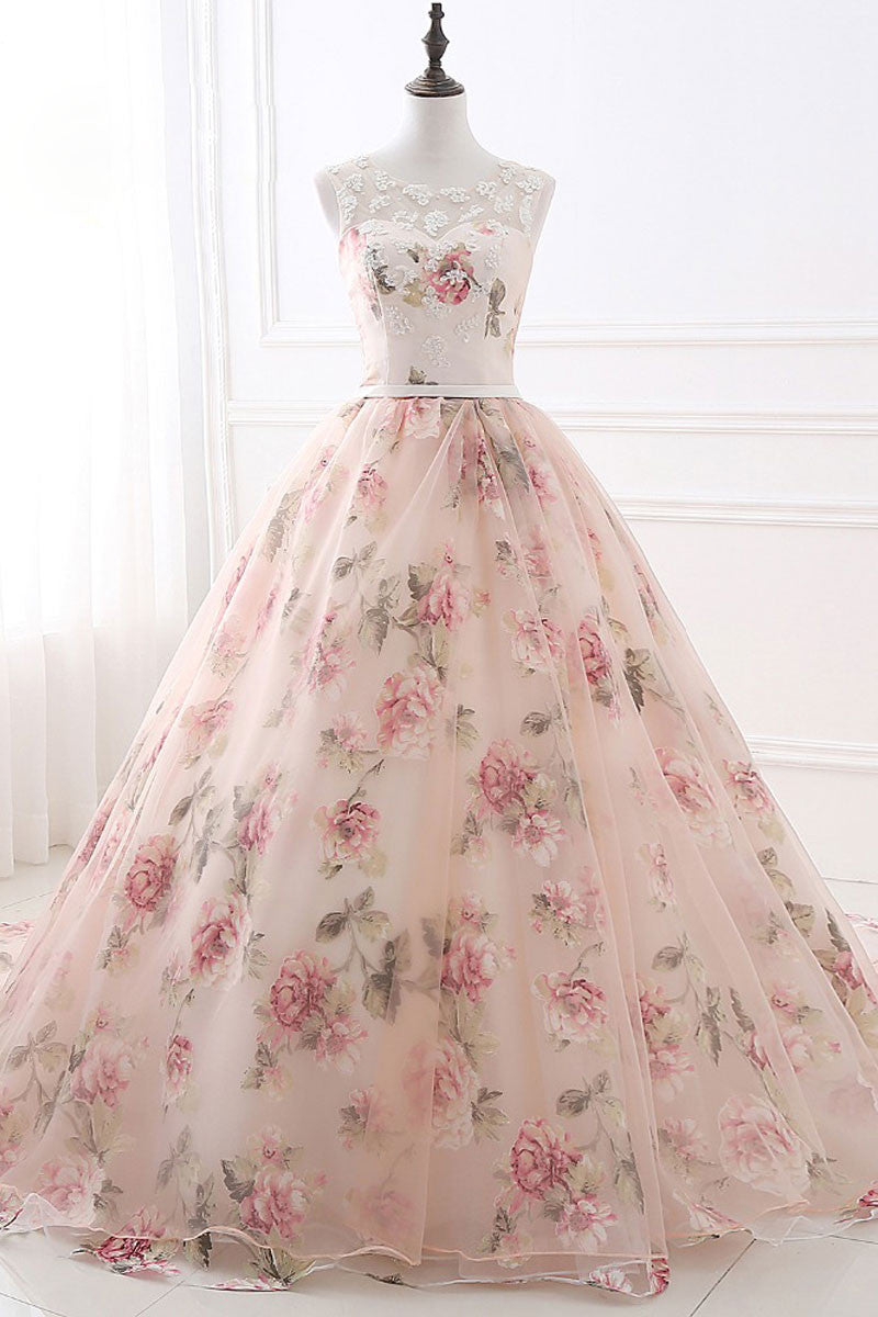 Unique Round Neck Printing Long Prom Gown Evening Gown