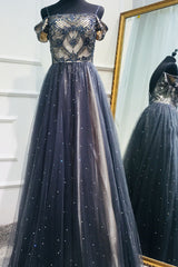 Dark Blue Tulle Sequin Beaded Long Prom Dress Tulle Evening Dress