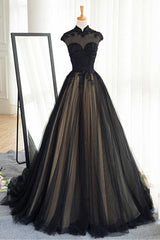 Black Tulle Lace Long Prom Dress Black Tulle Evening Dress