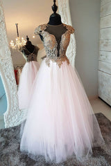 Pink Round Neck Tulle Lace Long Prom Dress Pink Evening Gown