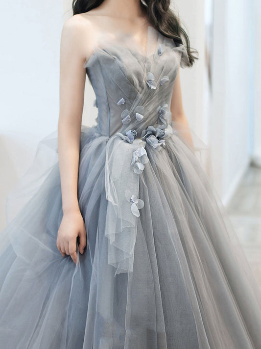 Gray Sweetheart Neck Tulle Long Prom Dress Gray Tulle Formal Dress