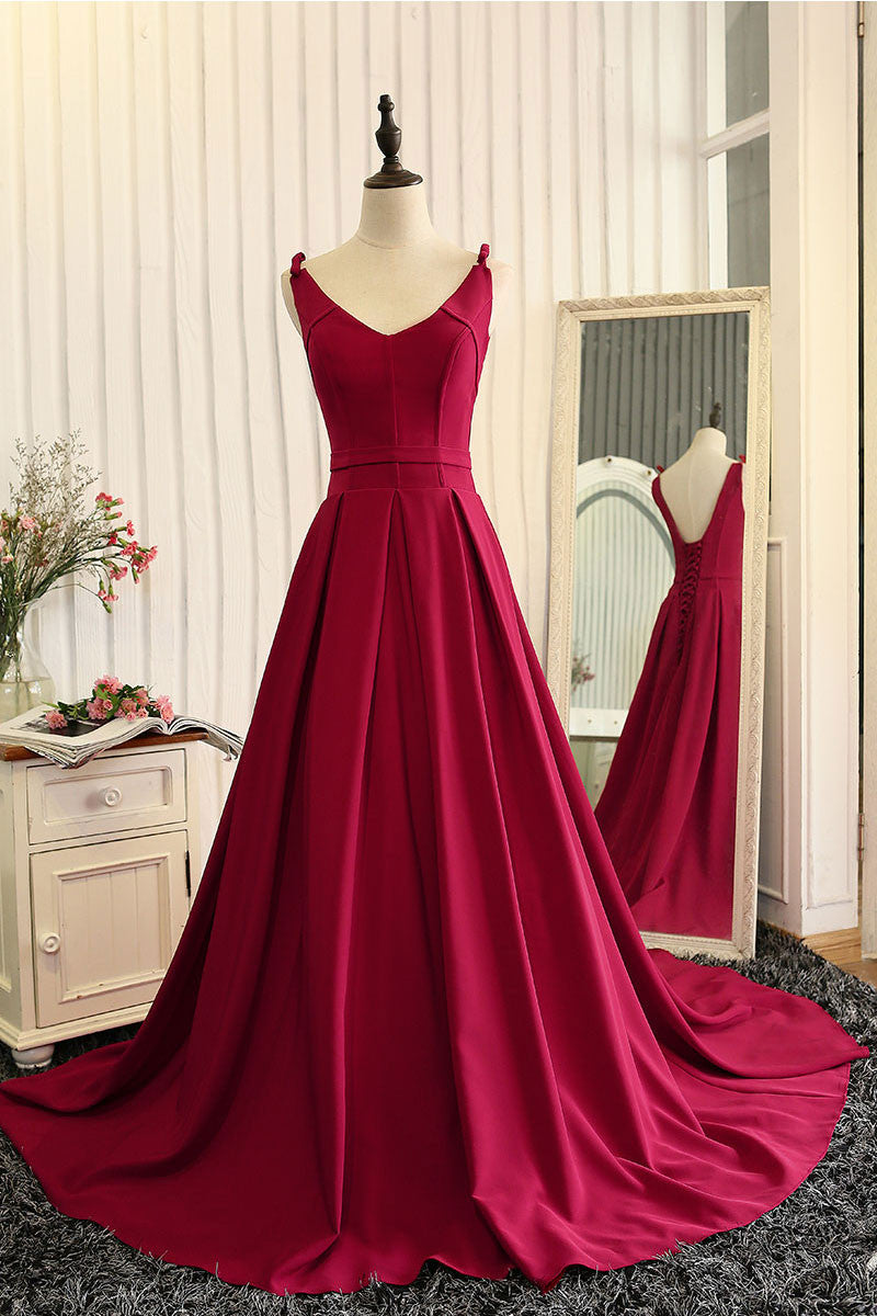 Red V-Neck Satin Long Prom Dress Red Evening Dress