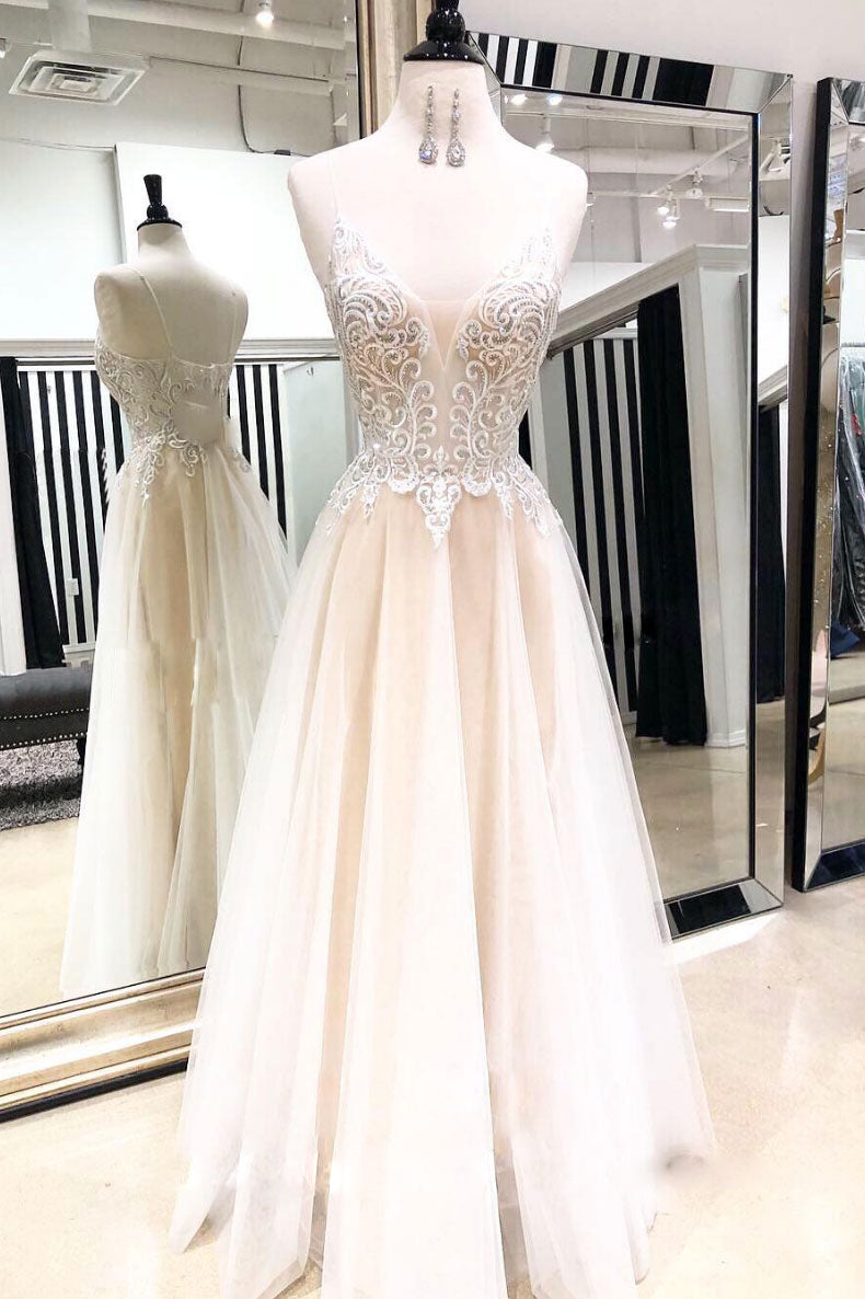 Light Champagne Sweetheart Neck Tulle Lace Long Prom Dress Tulle Lace Formal Gown