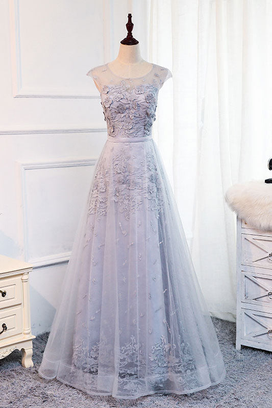 Gray Round Neck Tulle Lace Applique Long Prom Dress Gray Evening Dress