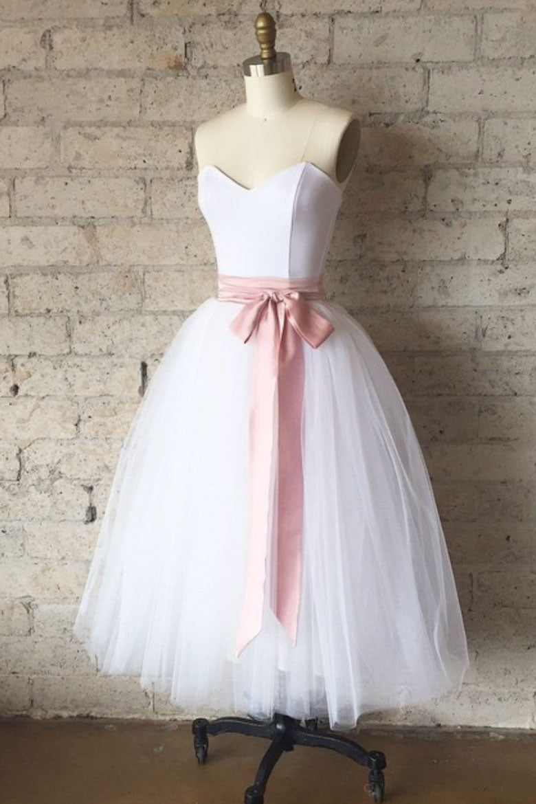 Simple White Tulle Tea-Length Prom Dress White Bridesmaid Dress