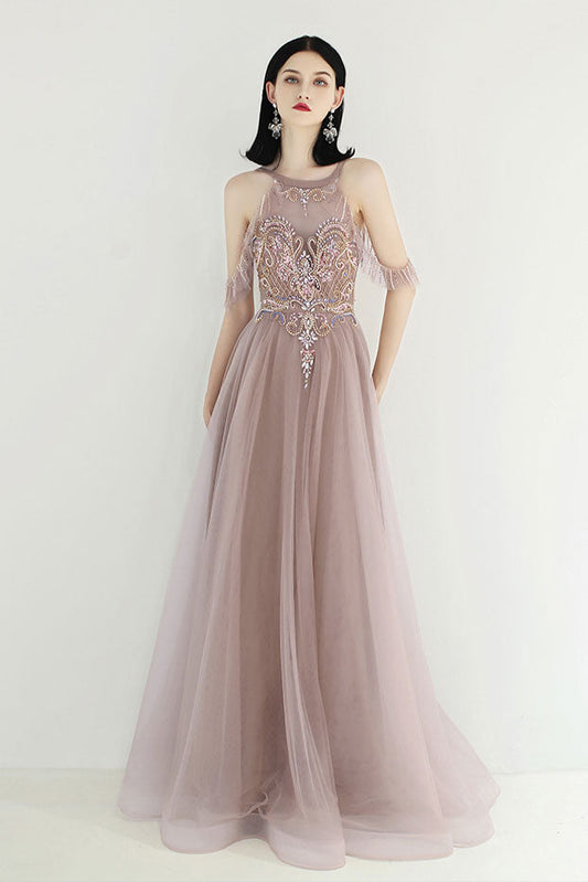 Champagne Tulle Sequin Beaded Long Prom Dress Tulle Evening Dress