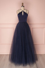 Simple Dark Blue Tulle Long Prom Dress Blue Tulle Evening Dress