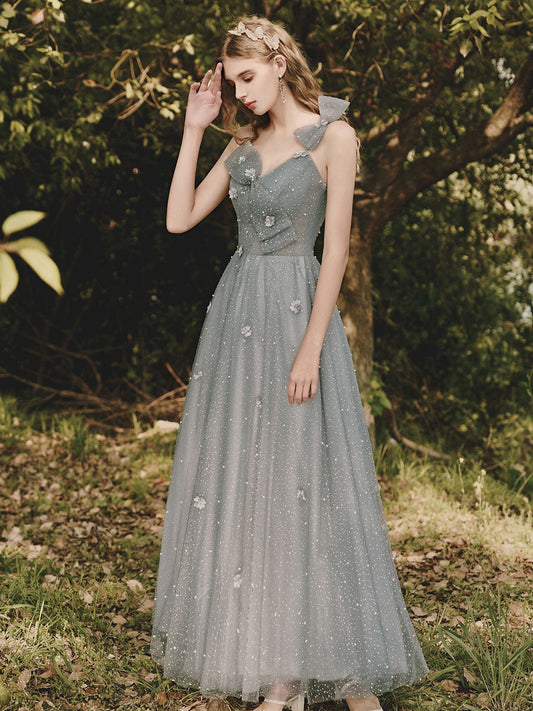 Gray Tulle Sequin Tea-Length Prom Dress Gray Evening Dress