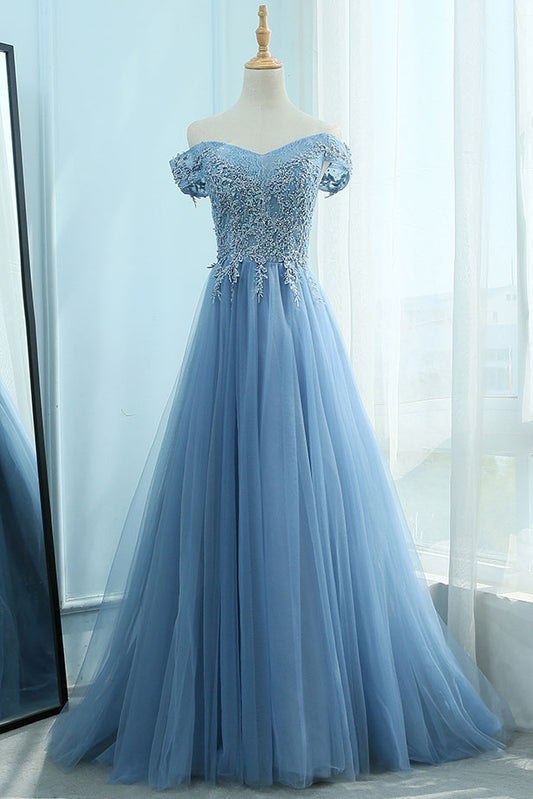 Blue Off-Shoulder Tulle Lace Long Prom Dress Blue Evening Dress