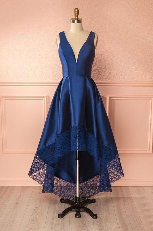 Dark Blue V-Neck High-Low Prom Dress Dark Blue Bridesmaid Gown