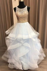 Light Blue Sequin Tulle Long Prom Dress Tulle Formal Gown