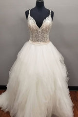 White V-Neck Tulle Long Prom Dress White Evening Gown